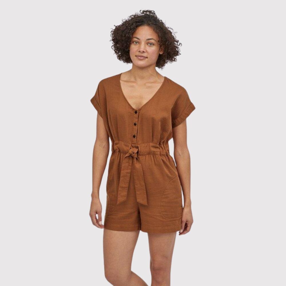 Patagonia Womens Romper Brown V Neck Organic Cotton Gauze Playsuit Tie Bow XS